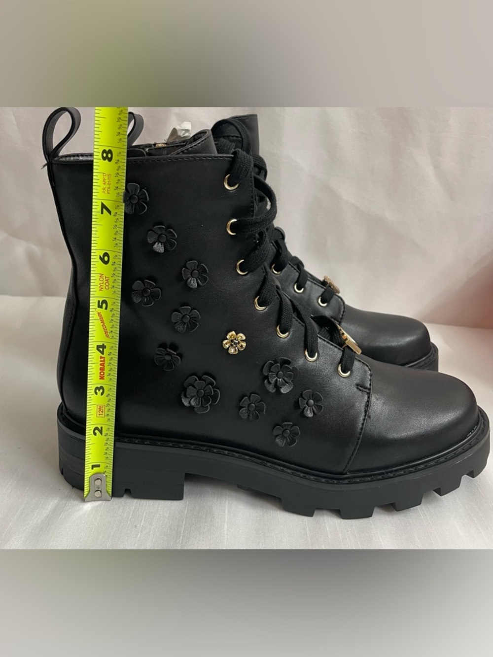 Karl Lagerfeld Paris Mela Fleur Black Floral Combat Boots w Gold Accents US 9.5 - Picture 8 of 14